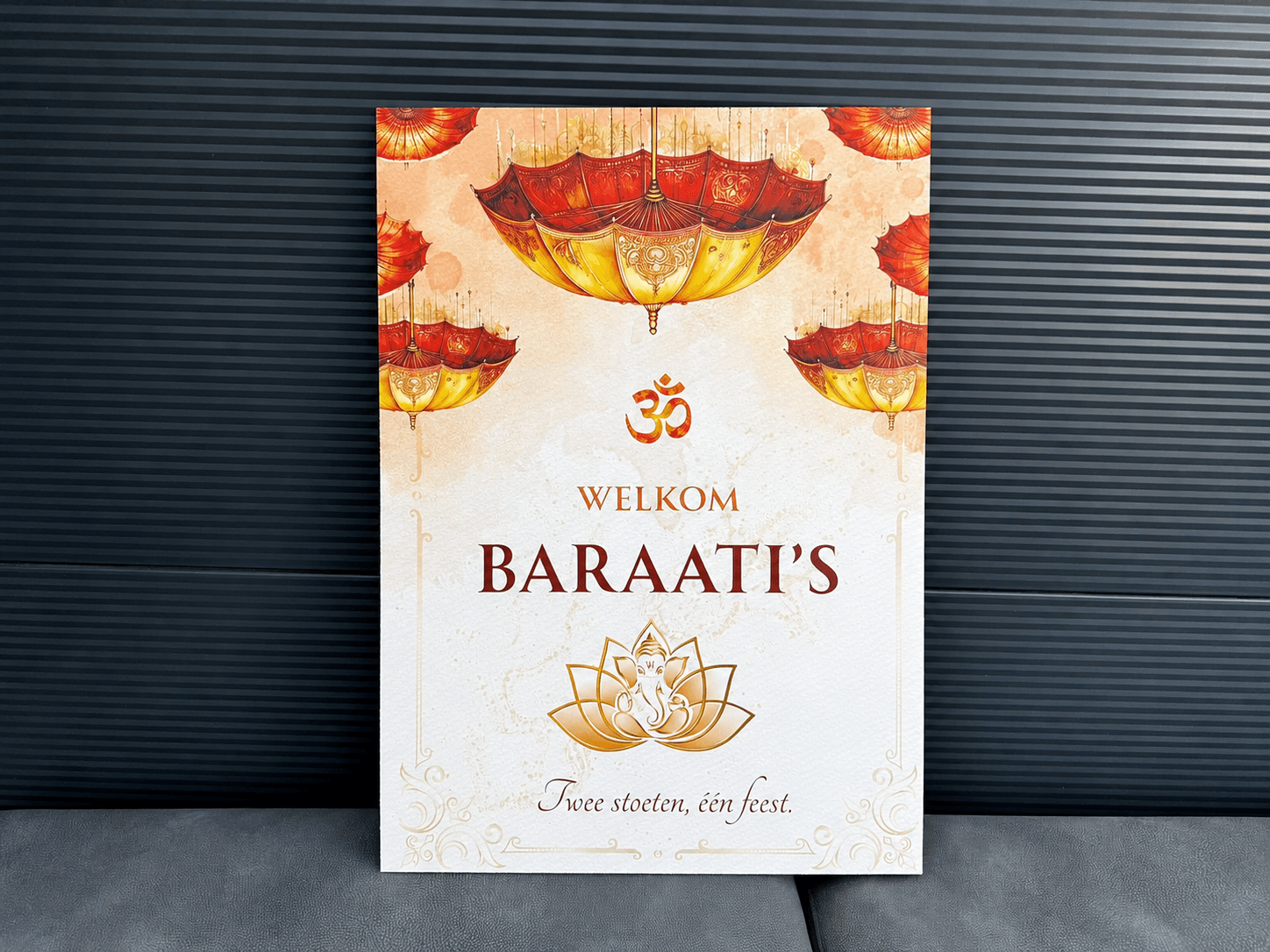 Welkomstbord op maat gemaakt met Baraati's ontwerp